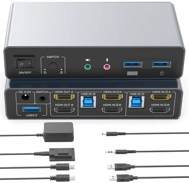 IHDAPP HDMI KVM Switch 2 Monitors 2 Computers Dual Monitor KVM USB Switcher 4K 60Hz HDMI Extended/Mirror Display for 2 PC Share 2 Monitors with 3 USB 3.0 Port Desktop Controller and 2 USB Cables