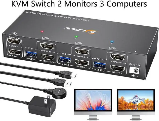 IHDAPP HDMI KVM Switch 2 Monitors 3 Computers 4K 60Hz Dual Monitor HDMI USB 3.0 KVM Switches for 3PC share 2 Monitors and 4 USB Devices Wired Remote Power Adapter and USB 3.0 Cables Included