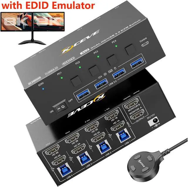 IHDAPP HDMI KVM Switch 2 Monitors 4 Computers 8K 60Hz 4K 144Hz USB 3.0 Dual Monitor HDMI KVM Switches for 4 PCs Share 2 Monitors and 4 USB 3.0 Ports Supports EDID Share Mouse Keyboard and Monitor