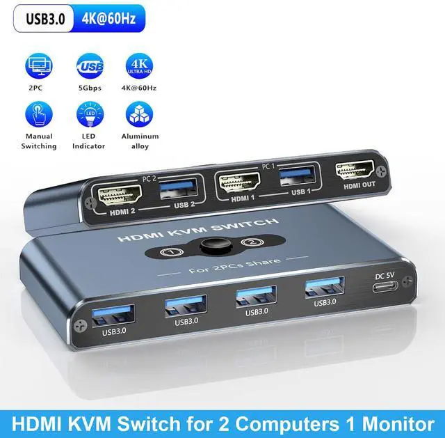 IHDAPP HDMI KVM Switch 2 Port HDMI KVM Switch 1 Monitors 2 Computers HDMI Switch 4K 60Hz KVM Switches for 2 Computers Sharing 1 Monitor 4 USB 3.0 Devices Such as Keyboard Mouse Printer Scanner