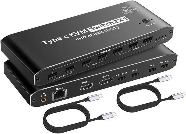 IHDAPP HDMI KVM Switch 2x1 Type C KVM Switch with 7 USB-A Ports RJ45 Port PD 100W Ports Extended Display KVM Switch Supports 4K 60Hz for 1 Monitors 2 Computers with 2 Thunderbolt USB-C 40Gbps Cable