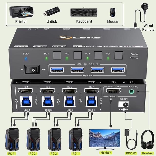 IHDAPP HDMI KVM Switch 4 Computers 8K 60Hz 4K 144Hz Simulation EDID 4 Port HDMI USB 3.0 KVM Switch With Audio For 4 Computer Share 1 Monitor And Keyboard Mouse Wired Remote Power Adapter Included