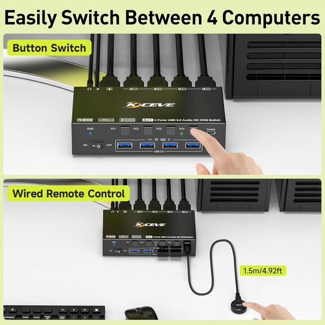 IHDAPP HDMI KVM Switch 4 Computers 8K 60Hz 4K 144Hz Simulation EDID 4 Port HDMI USB 3.0 KVM Switch With Audio For 4 Computer Share 1 Monitor And Keyboard Mouse Wired Remote Power Adapter Included