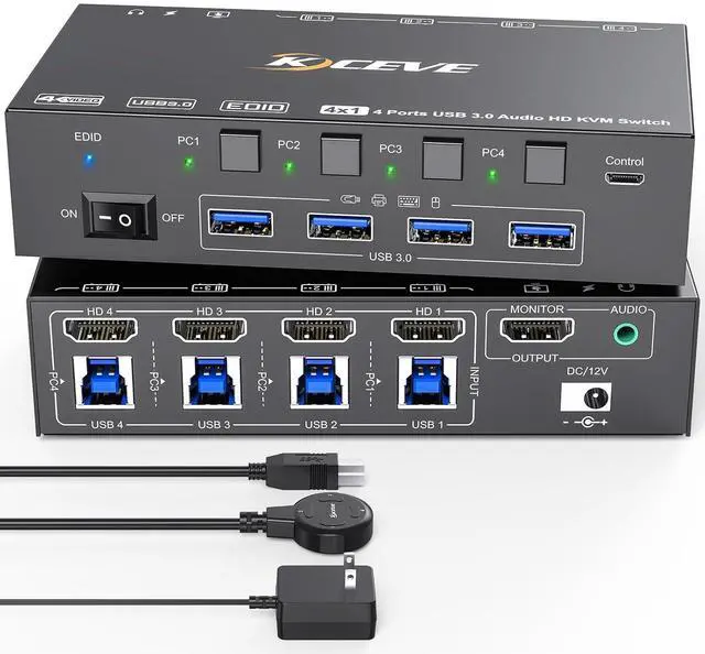 IHDAPP HDMI KVM Switch 4 Computers 8K 60Hz 4K 144Hz Simulation EDID 4 Port HDMI USB 3.0 KVM Switch with Audio for 4 Computer Share 1 Monitor and Keyboard Mouse Wired Remote Power Adapter included