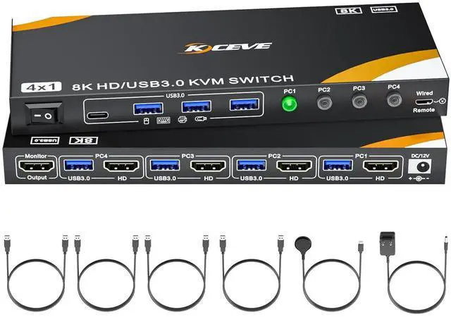 IHDAPP HDMI KVM Switch 4 PC 1 Monitor 8K 60Hz 4 Port HDMI 2.1 USB 3.0 KVM Switch for 4 Computers Share 1 Monitor and 4 USB 3.0 Devices (Keyboard Mouse Printer) with Wired Remote & 4 USB 3.0 Cables