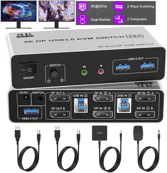 IHDAPP KVM Switch 2 Monitors 2 Computers 8K 60Hz DP 1.4 Dual Monitor Displayport USB 3.0 KVM Switch for 2 Computer Share 2 Monitors Audio Mic Port and 3 USB3.0 Devices Support Extended and Copy Mode