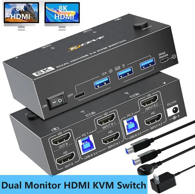 IHDAPP KVM Switch 2 Monitors 2 Computers Dual Monitor KVM Switches HDMI Support 8K 60Hz 4K 120Hz for 2 Pcs and 4 USB 3.0 Devices Support Extended and Copy Mode with Wired Remote and Power adapter