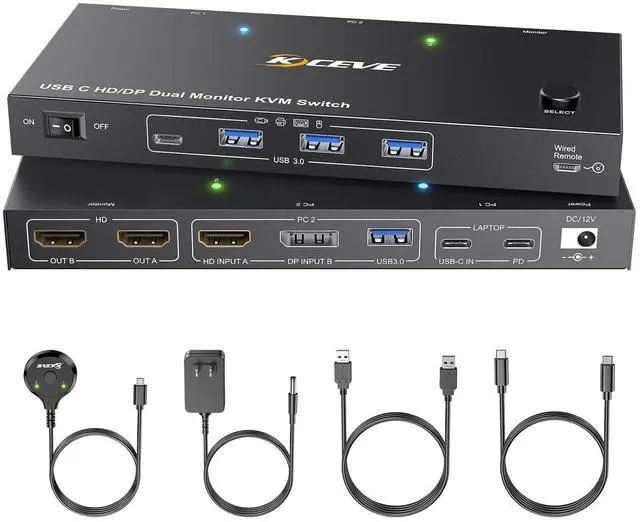 IHDAPP KVM Switch 2 Monitors 2 Computers USB C HDMI Displayport KVM Switch Dual Monitor HDMI for Laptop & Desktop USB 3.0 MST Dual HDMI 4K 60Hz PD 60W for Laptop with Wired Remote