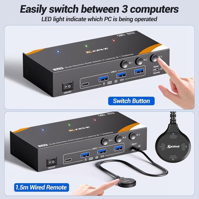 IHDAPP KVM Switch 2 Monitors 3 Computers USB C USB 3.0 Dual Monitor HDMI KVM Switch For 2 Laptops 1 Desktop Share 4 USB 3.0 Device Keyboard Mouse 85W PD 4K 60Hz Power Adapter And Wired Remote