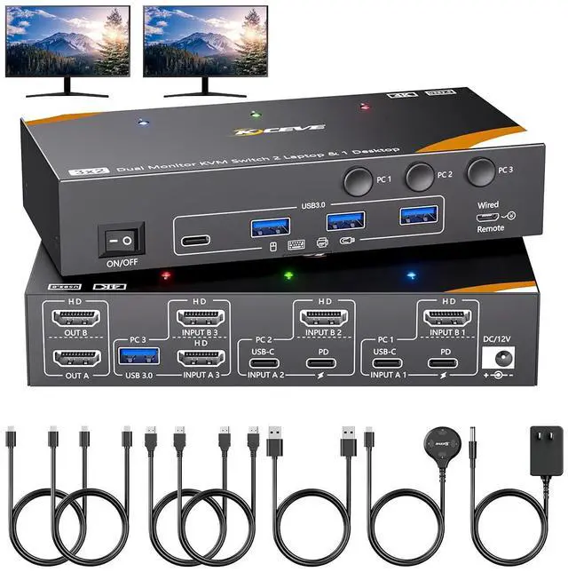 IHDAPP KVM Switch 2 Monitors 3 Computers USB C USB 3.0 Dual Monitor HDMI KVM Switch for 2 Laptops 1 Desktop Share 4 USB 3.0 Device Keyboard Mouse 85W PD 4K 60Hz Power Adapter and Wired Remote