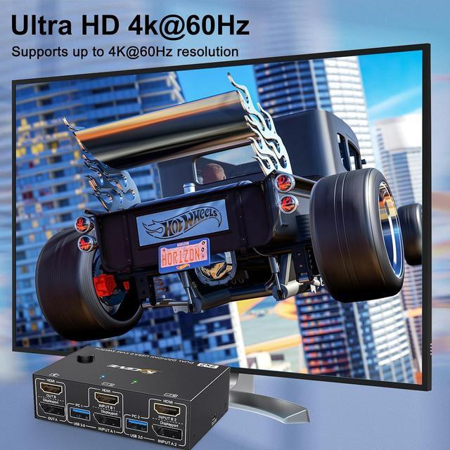IHDAPP KVM Switch 2 PC 2 Monitors 4K 60Hz 2K 120Hz Displayport + HDMI Dual Monitors KVM Switch For 2 PCs That Share 2 Monitors And 4 USB 3.0 Devices With HDMI + DP + USB Cable And Wired Remote