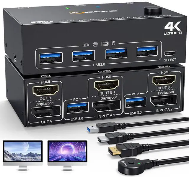 IHDAPP KVM Switch 2 PC 2 Monitors 4K 60Hz 2K 120Hz Displayport + HDMI Dual Monitors KVM Switch for 2 PCs that share 2 Monitors and 4 USB 3.0 Devices with HDMI + DP + USB Cable and Wired Remote