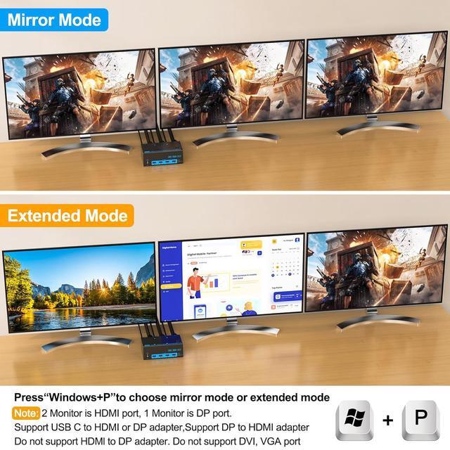 IHDAPP KVM Switch 2 PC 3 Monitors 2 HDMI + Display Port Triple Monitors KVM Switches 4K 144Hz 8K 60Hz USB 3.0 KVM Switches For 2 PC Share Mouse Keyboard 4 USB Devices And 3 Monitors Wired Remote
