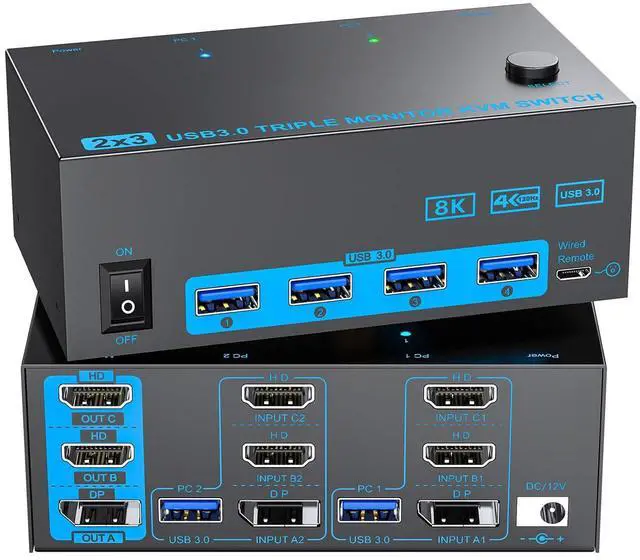 IHDAPP KVM Switch 2 PC 3 Monitors 2 HDMI + Display Port Triple Monitors KVM Switches 4K 144Hz 8K 60Hz USB 3.0 KVM Switches for 2 PC Share Mouse Keyboard 4 USB Devices and 3 Monitors Wired Remote