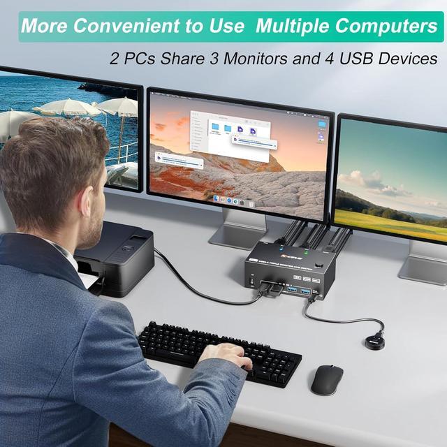 IHDAPP KVM Switch 2 PC 3 Monitors HDMI + DisplayPort 8K 60Hz 4K 144Hz Triple Monitor KVM Switch For 2 PC Share 3 Monitors And 4 USB 3.0 Devices With 12V Power Adapter Included Wired Remote Controller