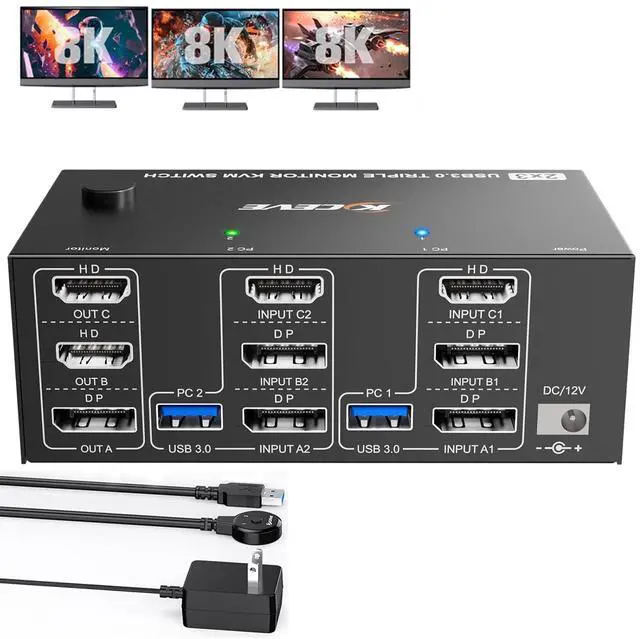 IHDAPP KVM Switch 2 PC 3 Monitors HDMI + DisplayPort 8K 60Hz 4K 144Hz Triple Monitor KVM Switch for 2 PC Share 3 Monitors and 4 USB 3.0 Devices with 12V Power Adapter Included Wired Remote Controller