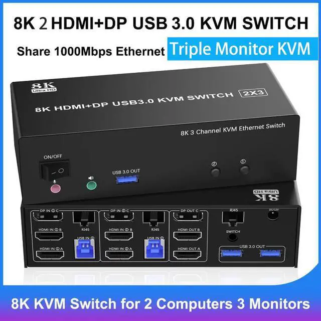 IHDAPP KVM Switch 3 Monitors 2 Computers 2 HDMI + DisplayPort USB 3.0 KVM Switch Triple Monitor for 2 Computer Share 1000Mbps RJ45 Ethernet with 3 USB 3.0 Ports 3.5m Audio&Microphone Wired Remote