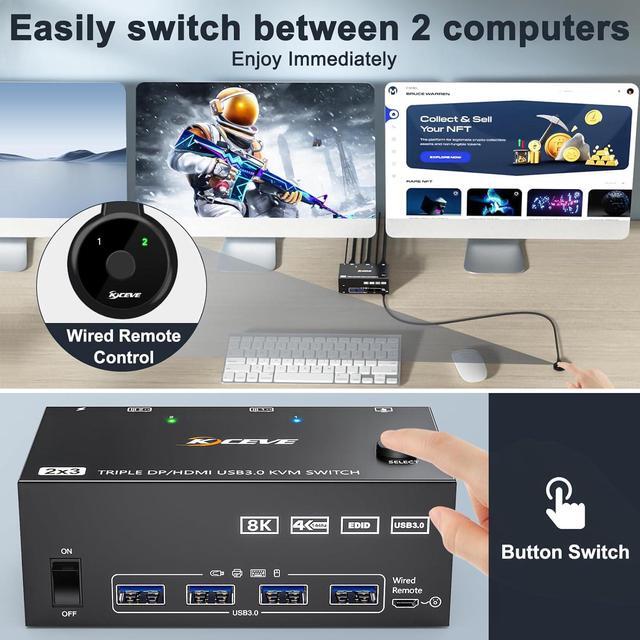 IHDAPP KVM Switch 3 Monitors 2 Computers 8K 60Hz 4K 144Hz HDMI + 2 Displayport Triple Monitor KVM Switch Triple Monitor For 2 Computers Share 3 Monitors And 4 USB 3.0 Device With Wired Remote