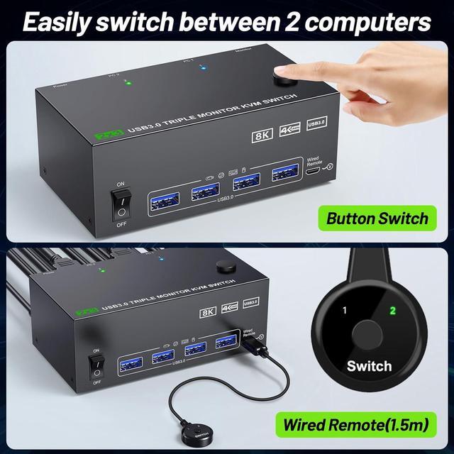 IHDAPP KVM Switch 3 Monitors 2 Computers 8K 60Hz 4K 144Hz HDMI+2 Displayport Triple Monitor KVM Switch For 2 PC Share 3 Monitor And 4 USB 3.0 Port Keyboard Mouse With Wired Remote And Power Adapter