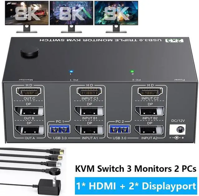 IHDAPP KVM Switch 3 Monitors 2 Computers 8K 60Hz 4K 144Hz HDMI+2 Displayport Triple Monitor KVM Switch for 2 PC Share 3 Monitor and 4 USB 3.0 Port Keyboard Mouse with Wired Remote and Power Adapter