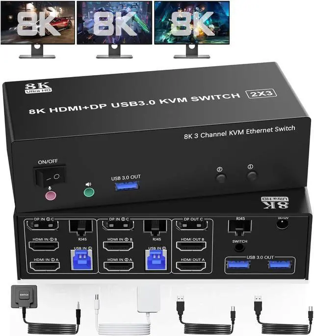 IHDAPP KVM Switch 3 Monitors 2 Computers 8K 60Hz 4K 144Hz 2 HDMI + DisplayPort USB3.0 KVM Switch Triple Monitor for 2 Computer Share 1000Mbps Ethernet 3 USB 3.0 Ports Audio&Microphone Wired Remote