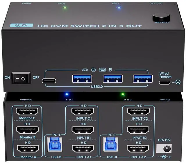 IHDAPP KVM Switch 3 Monitors 2 Computers 8K 60Hz/4K 120Hz Triple Monitors HDMI KVM Switches for 2 PC Sharing 3 Monitor and Keyboard Mouse with Power Adapter Wired Extend Controller & USB 3.0 Cables