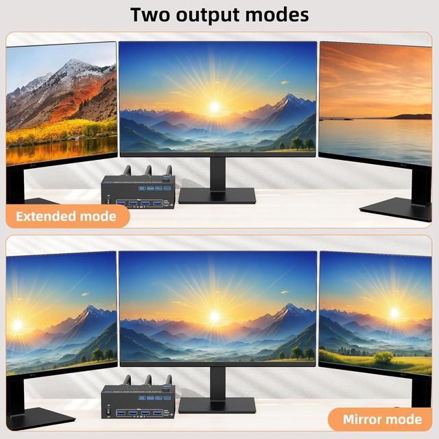 IHDAPP KVM Switch 3 Monitors 2 Computers 8K 60Hz 4K 144Hz 1*HDMI+2*DP In 3*HDMI Out Triple Monitor KVM Switch With 4 USB 3.0 Ports For USB Devices Wired Remote Power Adapter And USB Cables Included