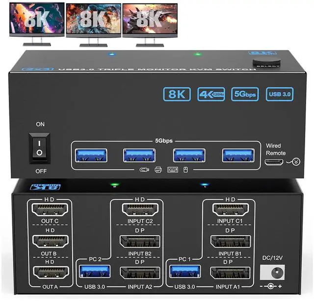 IHDAPP KVM Switch 3 Monitors 2 Computers 8K 60Hz 4K 144Hz 1*HDMI+2*DP in 3*HDMI Out Triple Monitor KVM Switch with 4 USB 3.0 Ports for USB Devices Wired Remote Power Adapter and USB Cables Included