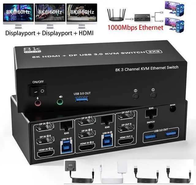 IHDAPP KVM Switch 3 Monitors 2 Computers Share 1000Mbps Ethernet 8K 60Hz 4K 144Hz 2 Displayport + HDMI USB3.0 KVM Switch Triple Monitor with 3 USB 3.0 Port Audio & Microphone Wired Remote included