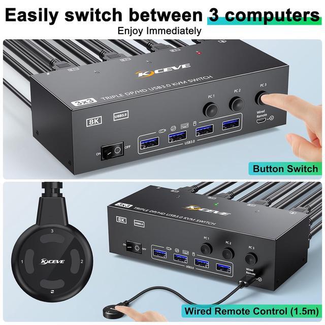 IHDAPP KVM Switch 3 Monitors 3 Computers 8K 60Hz 1* HDMI + 2* Displayport Triple Monitor USB 3.0 KVM Switches With 4 USB 3.0 Ports For Keyboard Mouse Printer Wired Remote & Power Adapter Included
