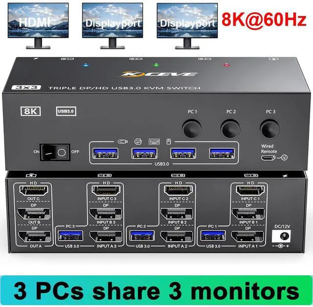 IHDAPP KVM Switch 3 Monitors 3 Computers 8K 60Hz 1* HDMI + 2* Displayport Triple Monitor USB 3.0 KVM Switches with 4 USB 3.0 Ports for Keyboard Mouse Printer Wired Remote & Power Adapter included