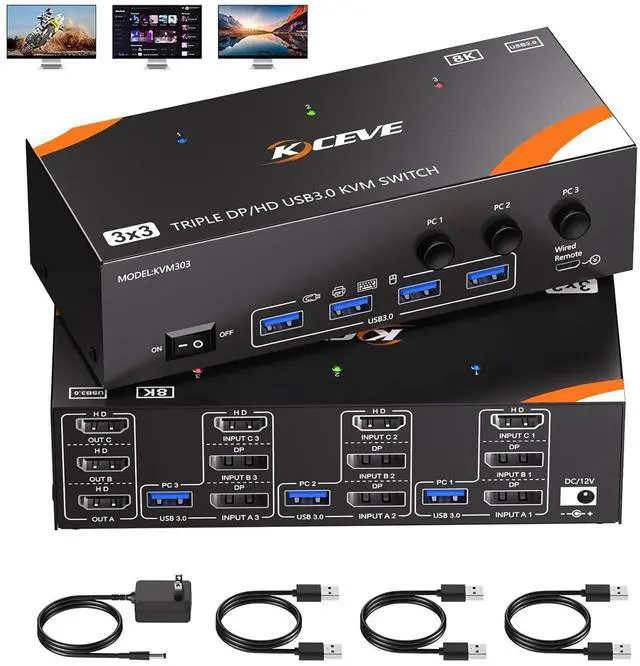 IHDAPP KVM Switch 3 Monitors 3 Computers 8K 60Hz/4K 120Hz HDMI + 2 Displayport KVM Switches for 3 PC Sharing Triple Monitors and Keyboard Mouse with Power Adapter Wired Controller and USB3.0 Cables