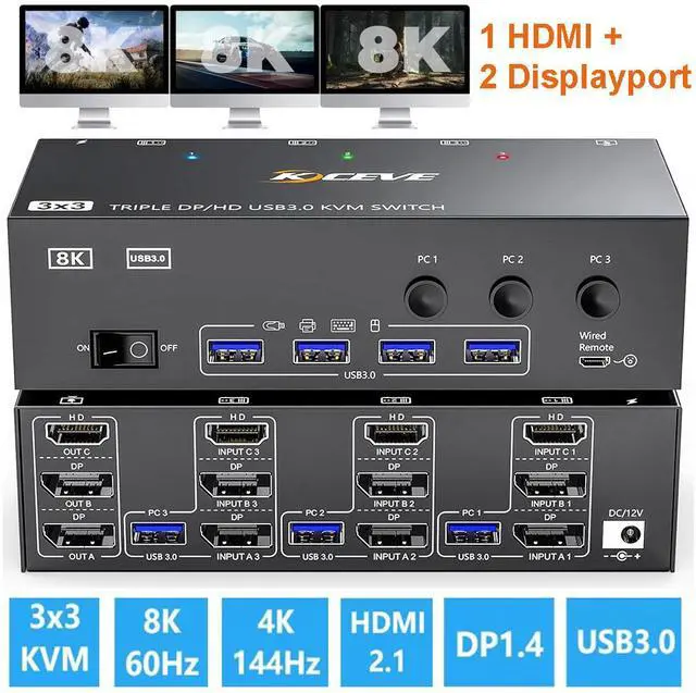 IHDAPP KVM Switch 3 Monitors 3 Computers 8K 60Hz HDMI + 2* Displayport Triple Monitor KVM Switches for 3 Computers Share 3 Monitors and 4 USB 3.0 Devices Wired Remote and 12V power adapter Included