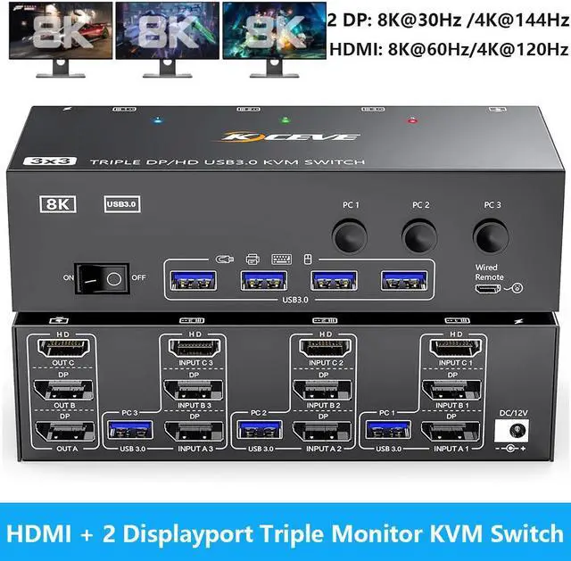 IHDAPP KVM Switch 3 Monitors 3 Computers 8K 60Hz HDMI + 2* Displayport Triple Monitor KVM Switch with 4 USB 3.0 Ports for Keyboard Mouse Printer Wired Remote USB Cable and Power Adapter Included