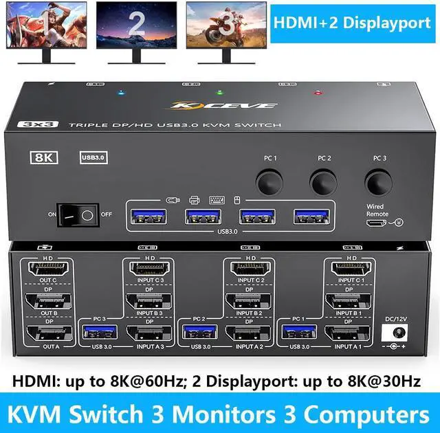 IHDAPP KVM Switch 3 Monitors 3 Computers Dual/Triple Monitor HDMI + 2 Displayport KVM Switches Support 8K 60Hz/30Hz 2K 144Hz USB 3.0 Computer Switch for 3 PCs Share 3 Monitors Support Extended Mode