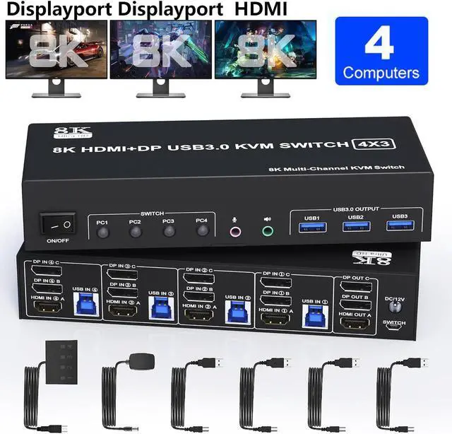 IHDAPP KVM Switch 3 Monitors 4 Computers 8K 60Hz 4K 144Hz 2 DisplayPort +1 HDMI KVM Switch Triple Monitor for 4 Computers with Audio and 3 USB 3.0 Ports KVM Triple Monitor Keyboard Mouse Switcher