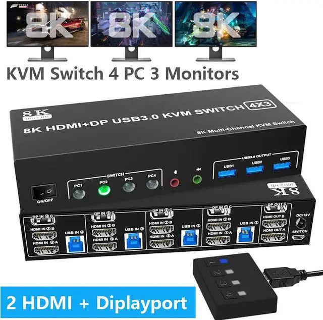 IHDAPP KVM Switch 3 Monitors 4 Computers 8K 60Hz 4K 144Hz 2 HDMI +1 DisplayPort Triple Monitor USB 3.0 KVM Switch for 4 PC with Audio and 3 USB 3.0 Ports KVM Triple Monitor Keyboard Mouse Switcher