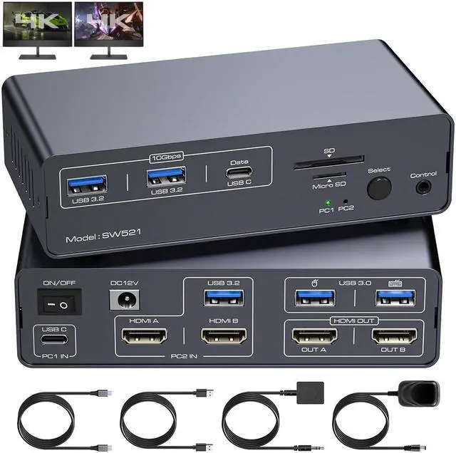 IHDAPP KVM Switch Docking Station USB C HDMI KVM Switch for 1 Laptop 1 Computer 2 Monitor HDMI 4K60Hz EDID Dual Monitor HDMI KVM Switcher for Laptop and PC Share 2 Monitors 13-in-1 Dock