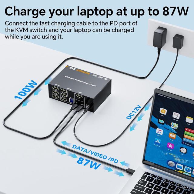 IHDAPP KVM Switch For 1 Laptop & 1 Desktop Share 3 Monitors 4K 60Hz USB C HDMI 3 Monitor KVM Switch Docking Station KVM Switches With 4 USB 3.0 Port 87W PD Charging Wired Remote And Power Adapter