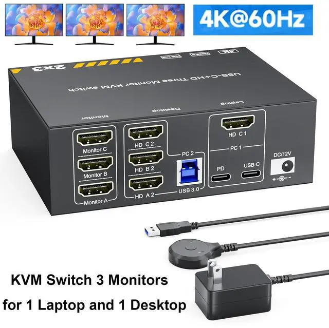 IHDAPP KVM Switch for 1 Laptop & 1 Desktop share 3 Monitors 4K 60Hz USB C HDMI 3 Monitor KVM Switch Docking Station KVM Switches with 4 USB 3.0 Port 87W PD Charging Wired Remote and Power Adapter