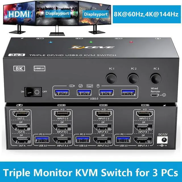 IHDAPP KVM Switch for 3 Computers 3 Monitors 8K 60Hz HDMI + 2* Displayport Triple Monitor KVM Switch KVM with 4 USB 3.0 Ports for Keyboard Mouse Printer Wired Remote and Power Adapter Included