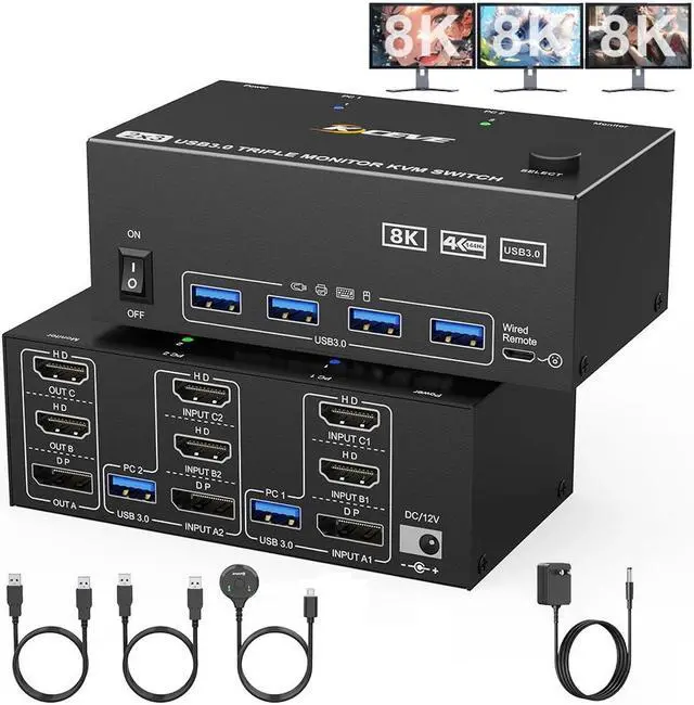 IHDAPP Triple Monitor KVM Switch 2 PC 3 Monitors 2 HDMI + 1 DisplayPort USB 3.0 KVM Switch 8K 30Hz/4K 144Hz KVM Switches for 2 PCs Share 3 Displays and 4 USB 3.0 Devices Wired Remote included