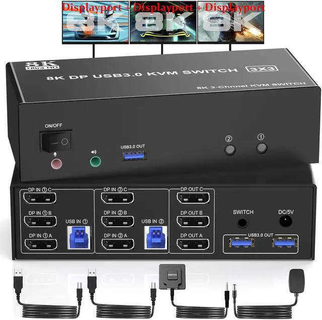 IHDAPP Triple Monitors Displayport KVM Switch 8K 60Hz 4K 144Hz DP 1.4 USB 3.0 KVM Switch 2 PC Share 3 Monitors Displayport KVM Switches 2 in 3 Out with Audio Microphone Output and 3 USB 3.0 Ports