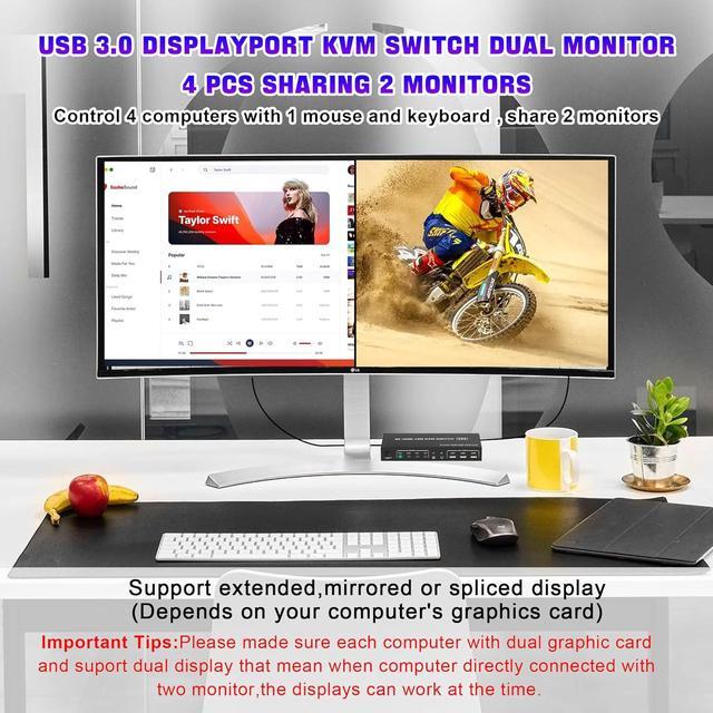 IHDAPP USB 3.0 Displayport Dual Monitor DP KVM Switch For 4 PCs 4K 60Hz KVM Switch 2 Monitors 4 Computers With Audio Microphone Output And 3 USB 3.0 Ports DP Monitor Switch For 4 PCs 2 Monitors