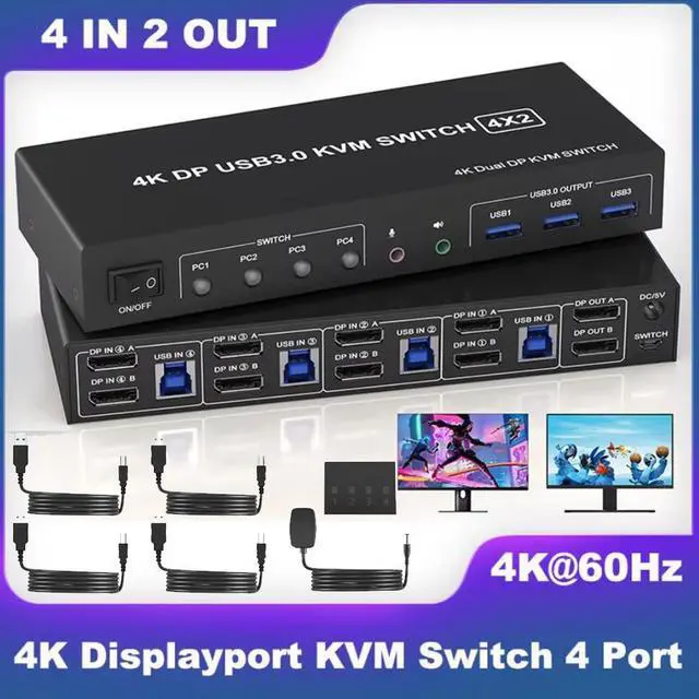 IHDAPP USB 3.0 Displayport Dual Monitor DP KVM Switch for 4 PCs 4K 60Hz KVM Switch 2 Monitors 4 Computers with Audio Microphone Output and 3 USB 3.0 Ports DP Monitor Switch for 4 PCs 2 Monitors