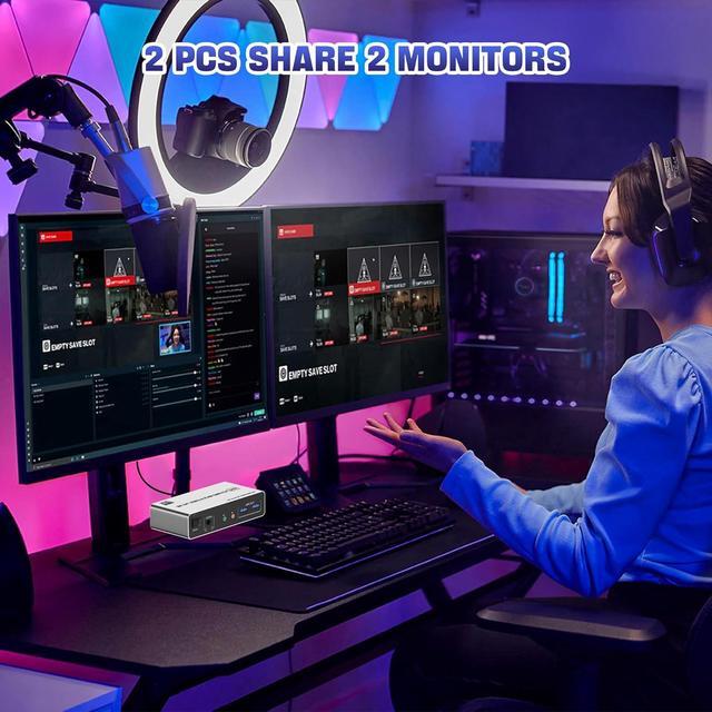 IHDAPP USB 3.0 DisplayPort KVM Switch 2 Computers 2 Monitors 8K 60Hz 4K 144Hz Dual Monitor Displayport KVM Switches With Audio Microphone Output And 3 USB 3.0 Ports Desktop Controller & 2 USB Cable
