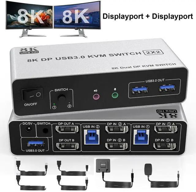 IHDAPP USB 3.0 DisplayPort KVM Switch 2 Computers 2 Monitors 8K 60Hz 4K 144Hz Dual Monitor Displayport KVM Switches with Audio Microphone Output and 3 USB 3.0 Ports Desktop Controller & 2 USB Cable