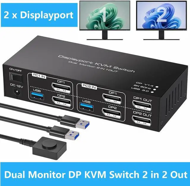 IHDAPP USB 3.0 Displayport KVM Switch 2 Monitors 2 Computers 8K 60Hz 4K 144Hz Dual Monitor Displayport 1.4 KVM Switches with 4 USB 3.0 Ports 2 in 2 Out DP USB 3.0 KVM Switch for 2 PCs 2 Monitors