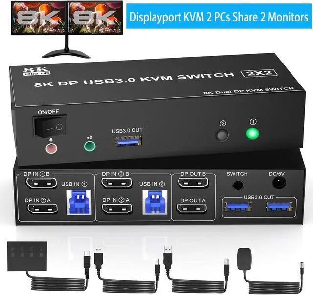 IHDAPP USB 3.0 Displayport KVM Switch 8K 60Hz 2 Monitors 2 Computers Dual Monitor DP 1.4 KVM Switch with Audio and Microphone Output and 3 USB 3.0 Ports Wired Remote and 2 USB Cables Included