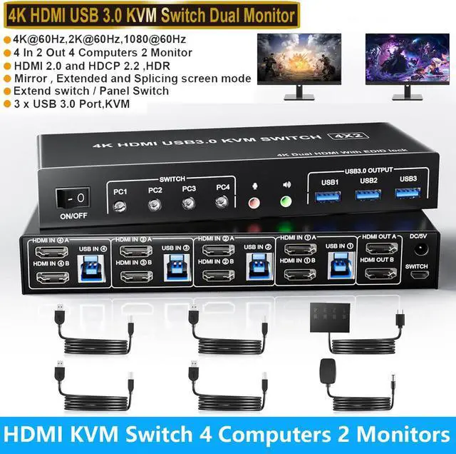 IHDAPP USB 3.0 Dual Monitors HDMI KVM Switch 4 Computers Supports EDID 4K 60Hz HDMI Dual Monitor Switch for 4 PCs with 3 USB 3.0 and Audio Microphone Ports 4 Port HDMI KVM Switch for 4PC 2 Monitors